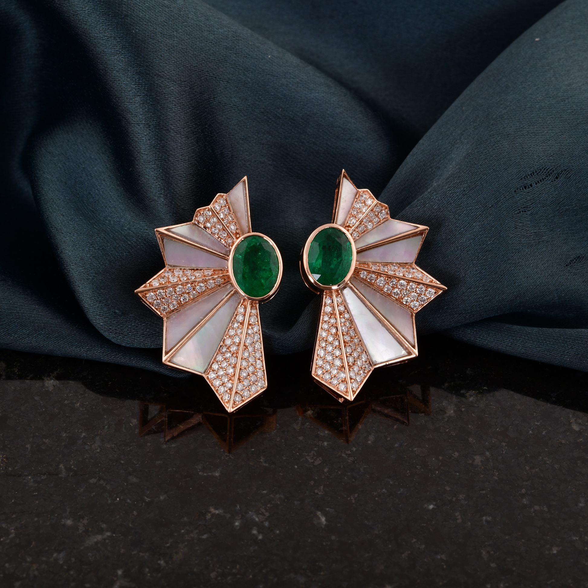 Starburst Zambian Emerald & Mother of Pearl Diamond Art Deco Gold Stud Earrings