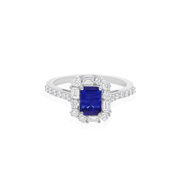 Art Deco Blue Sapphire Diamond Halo Fine Gold Ring