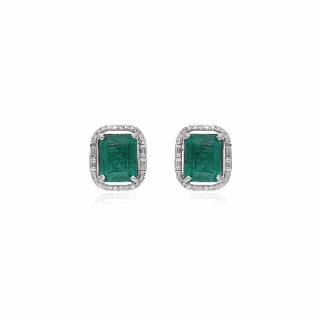 7.25 Ct. Tcw SI/H Diamond & Zambian Emerald Halo Stud Earrings 18K Solid Gold