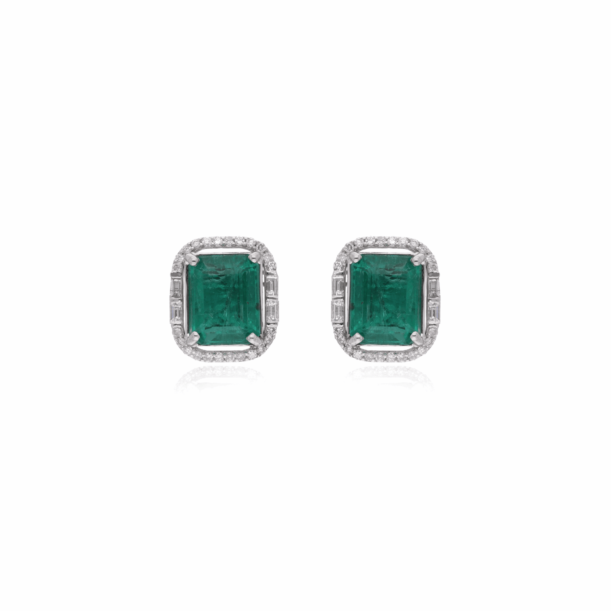 7.25 Ct. Tcw SI/H Diamond & Zambian Emerald Halo Stud Earrings 18K Solid Gold