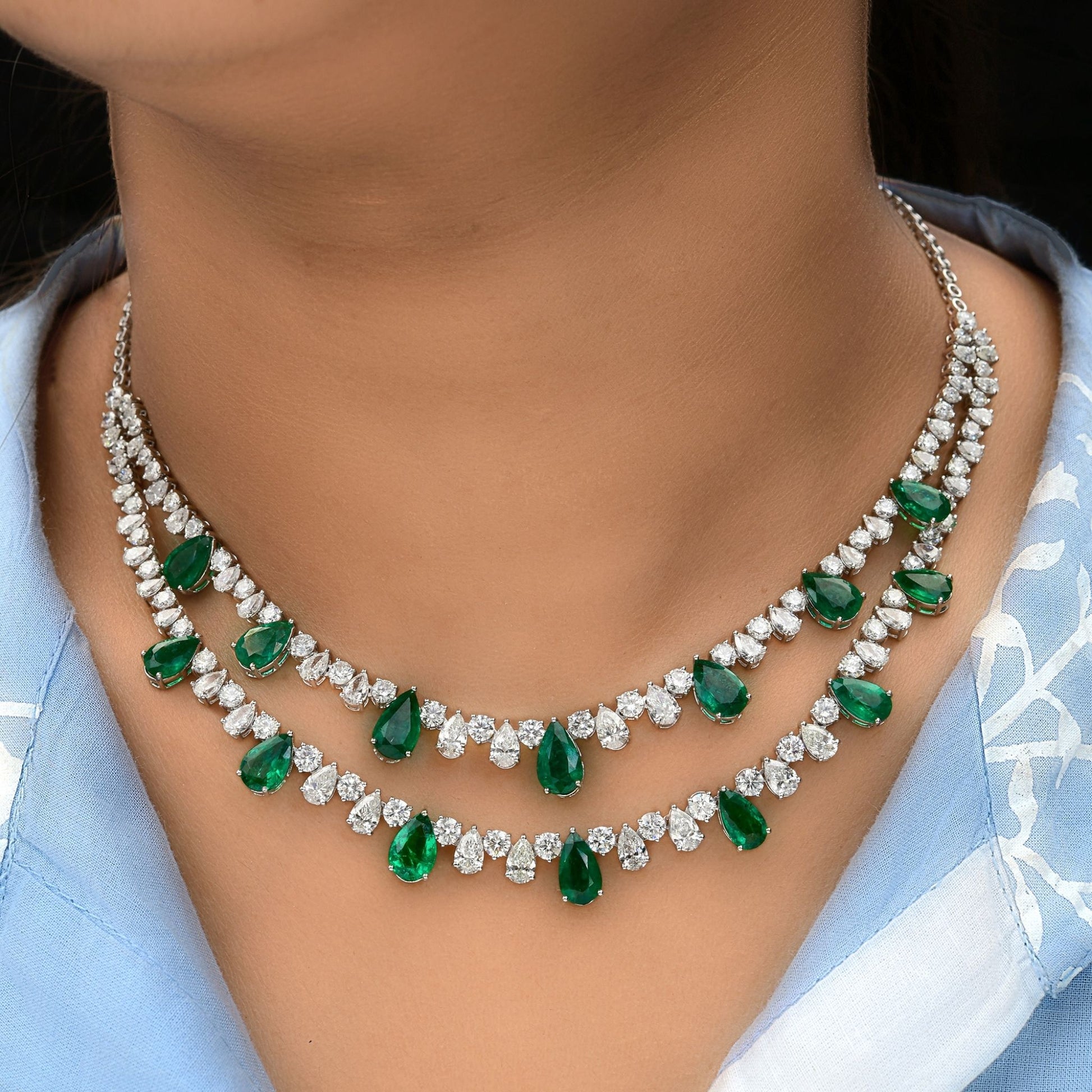 31.17 Tcw Pear Zambian Emerald Natural Diamond Necklace in 18k Fine Gold