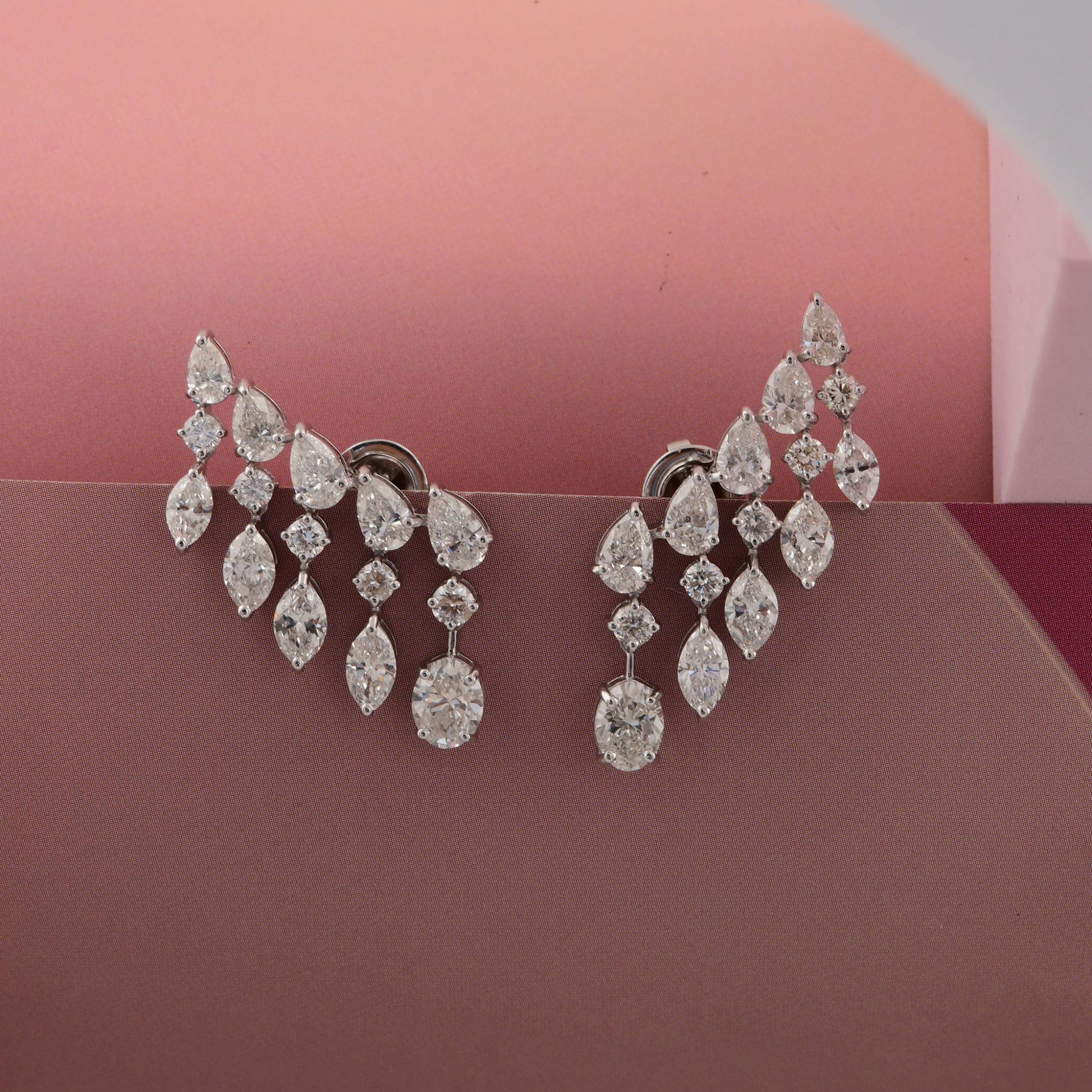 7.31 Carat Multi Cut Natural Diamond Climber Earrings in Solid Gold