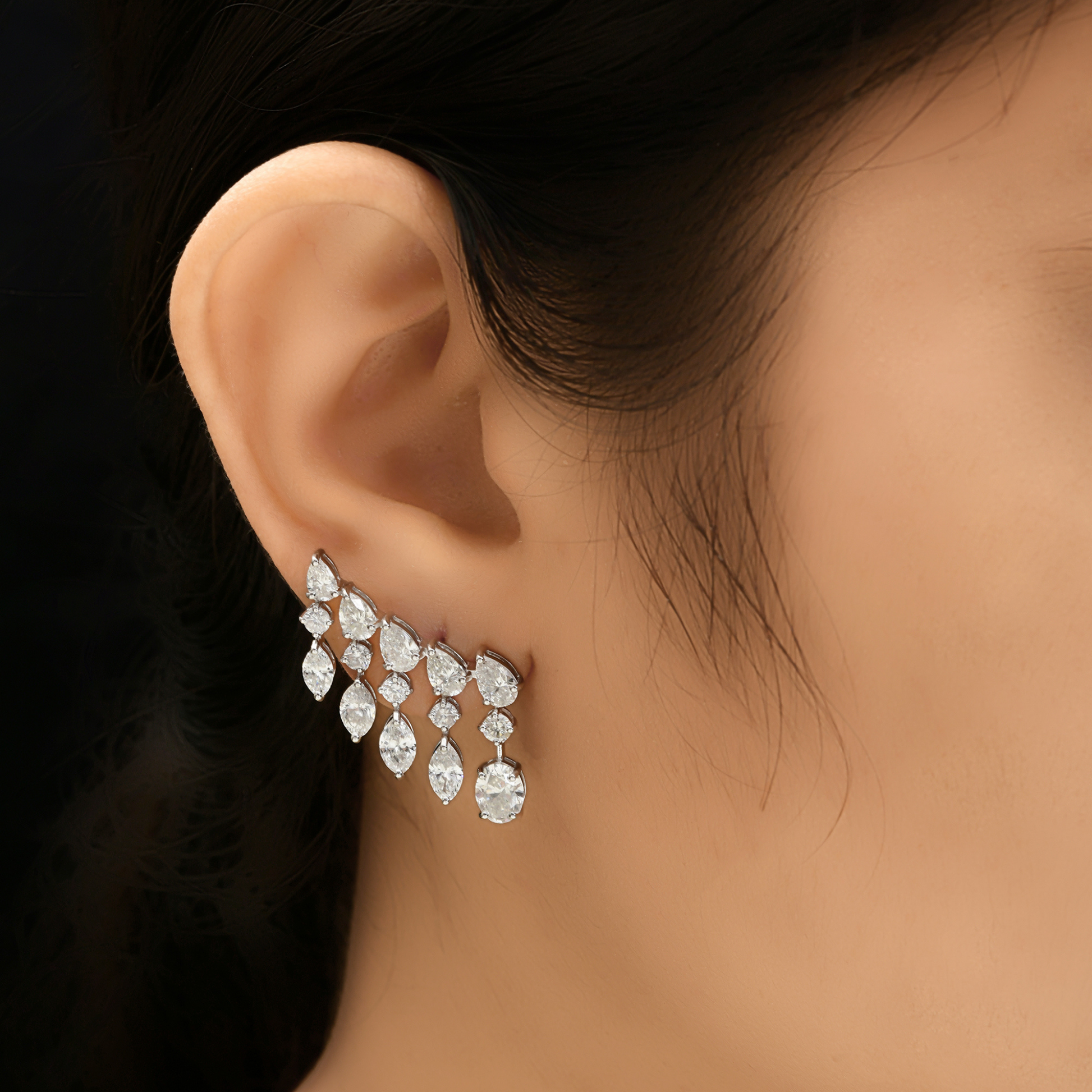 7.31 Carat Multi Cut Natural Diamond Climber Earrings in Solid Gold