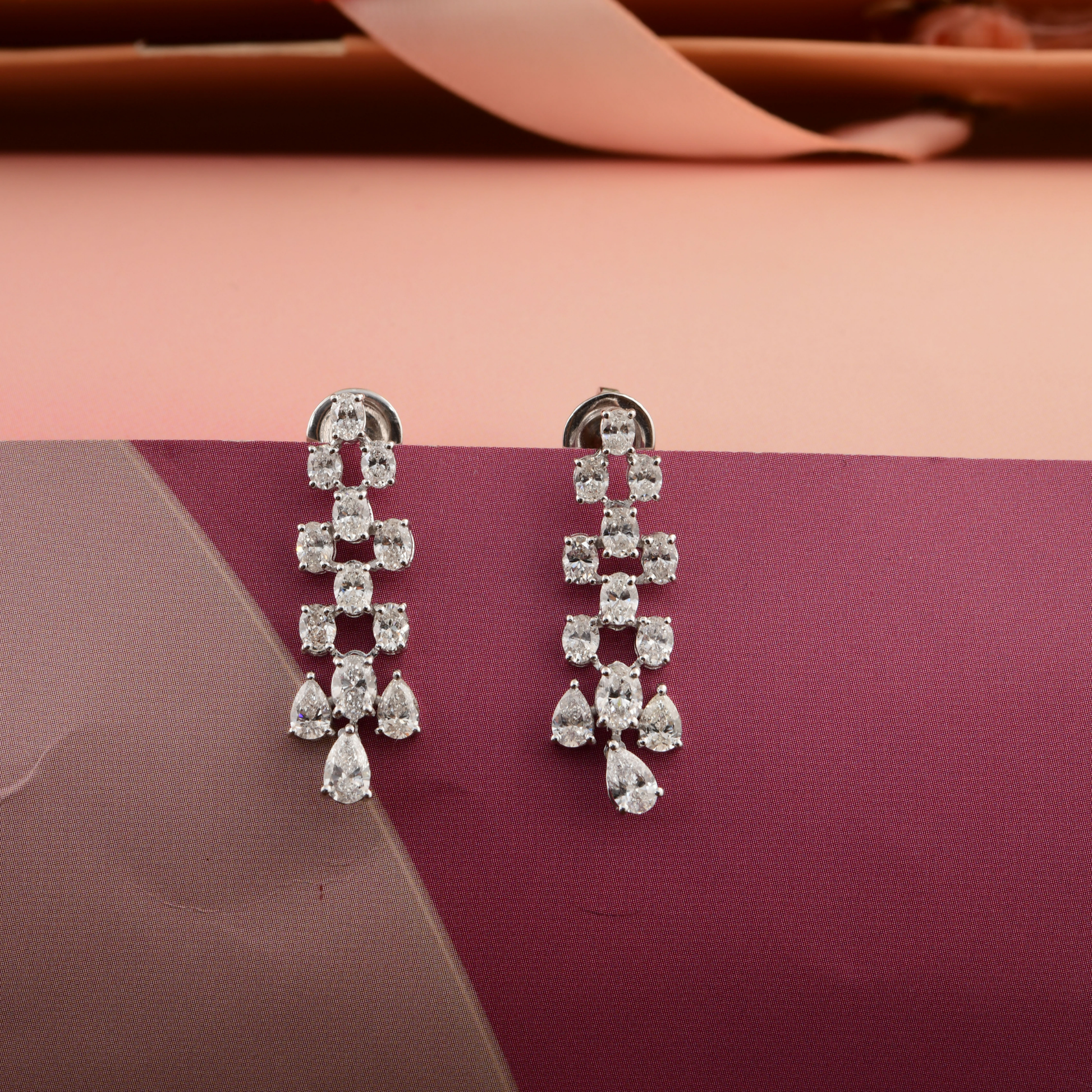 3.37 Carat Natural Diamond Gold Dangle Earrings with Pear Cut Accents