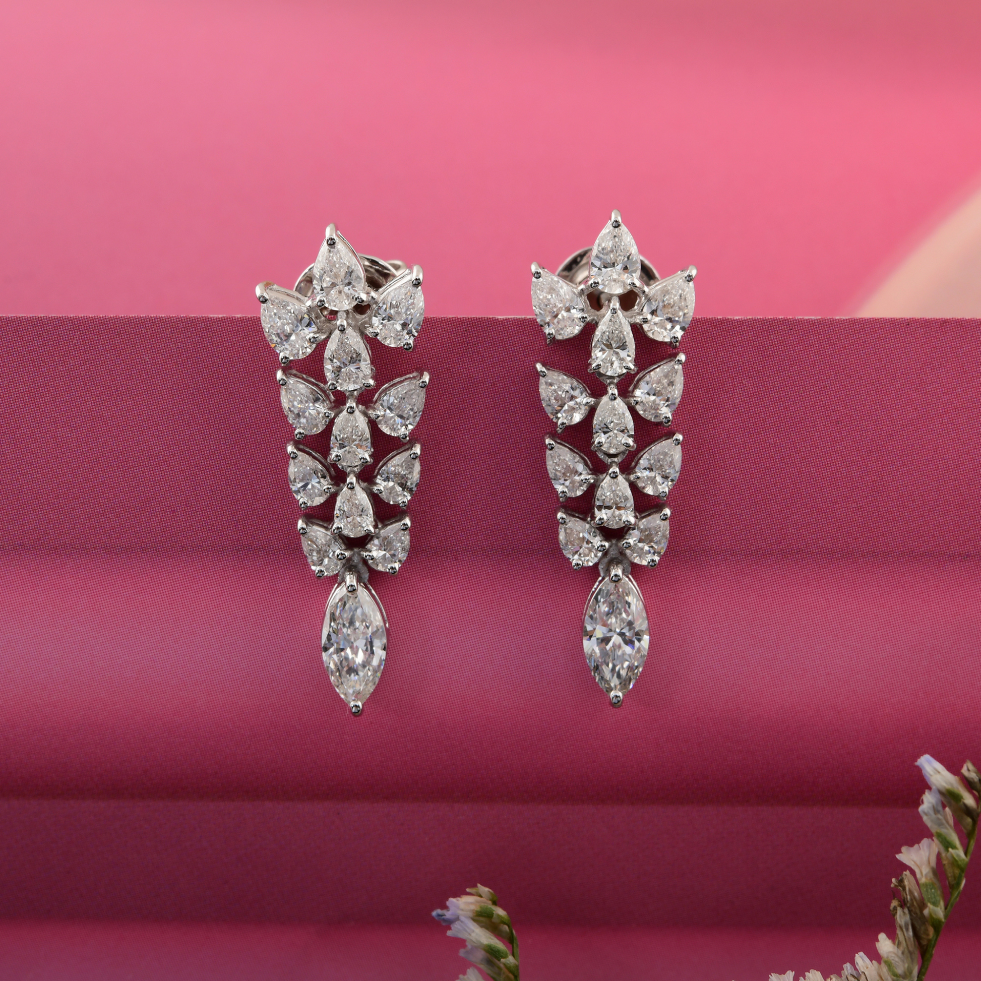 3.00 Carat Fine Diamond Dangle Earrings in Gold Floral Design