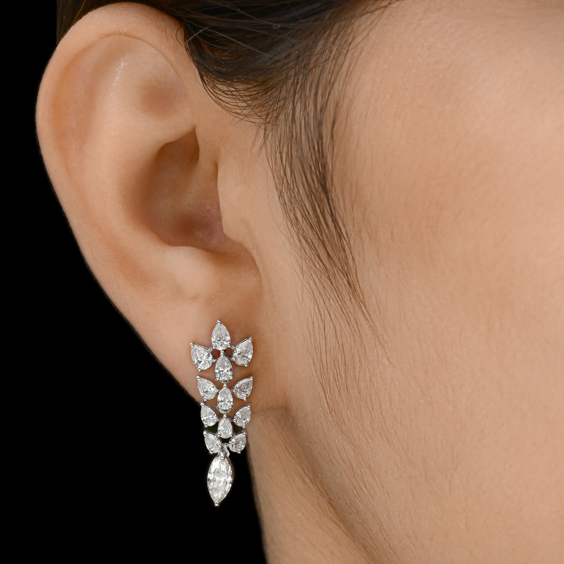 3.00 Carat Fine Diamond Dangle Earrings in Gold Floral Design