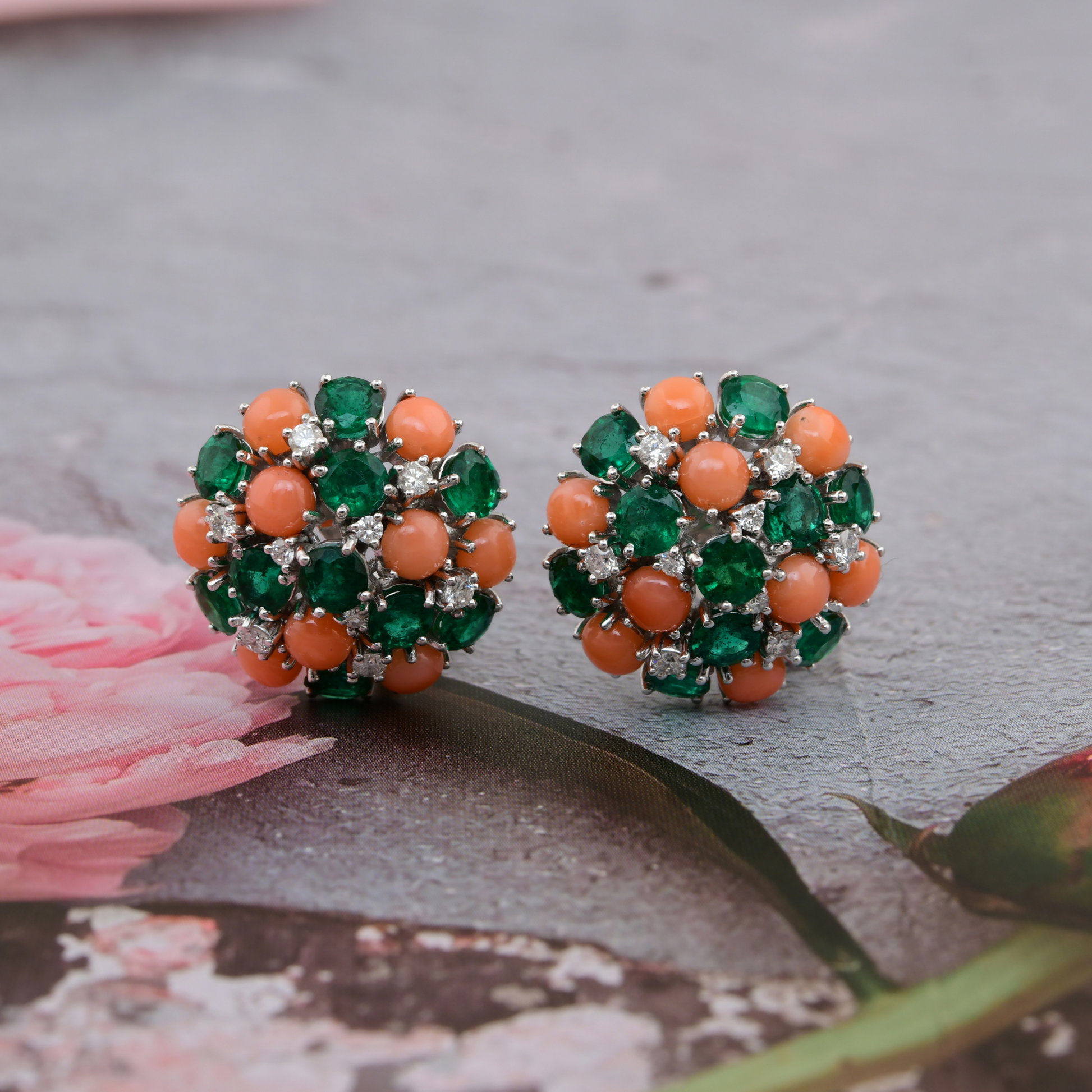 Vintage Inspired 9.70 Tcw Emerald, Coral & Diamond Studs Earrings in Fine Gold