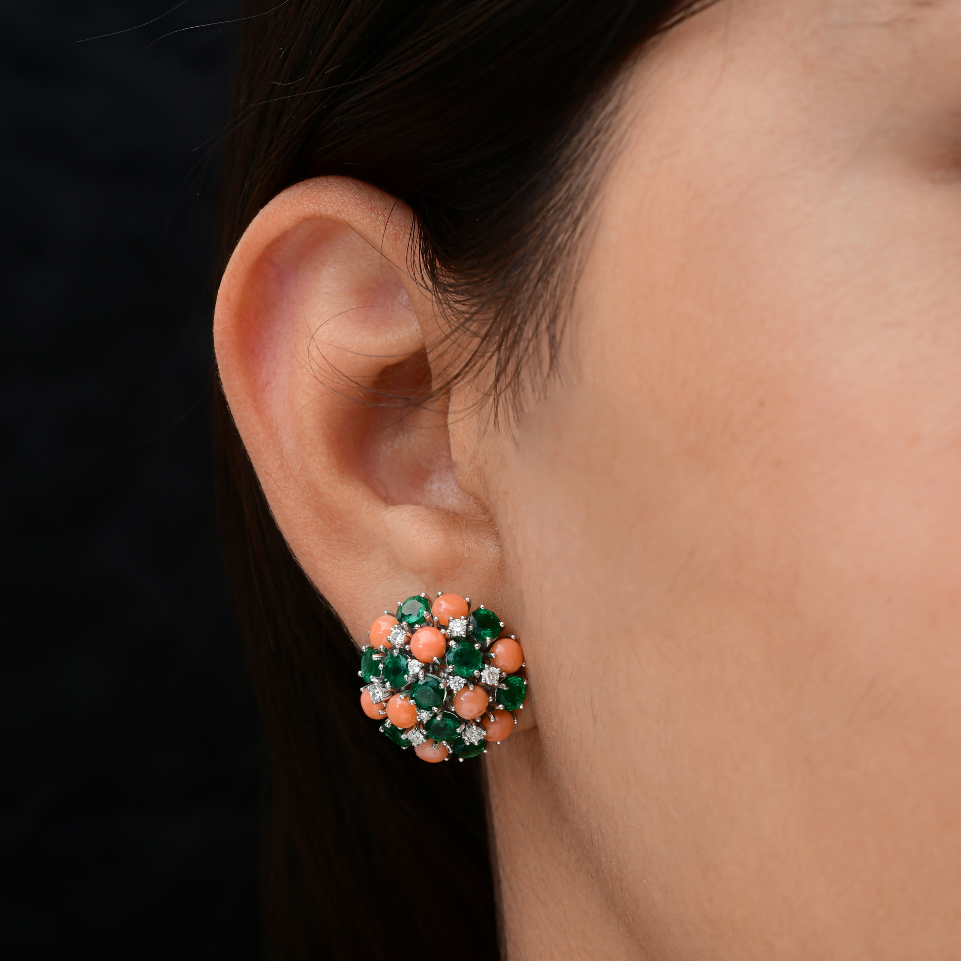 Vintage Inspired 9.70 Tcw Emerald, Coral & Diamond Studs Earrings in Fine Gold