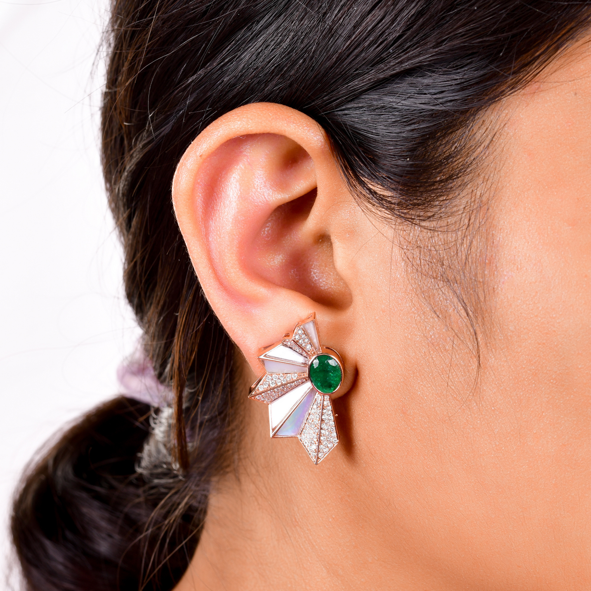 Starburst Zambian Emerald & Mother of Pearl Diamond Art Deco Gold Stud Earrings