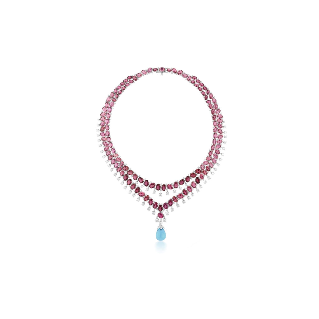 Blue Topaz Pendant Pink Tourmaline Natural Diamond Gold Layered Necklace