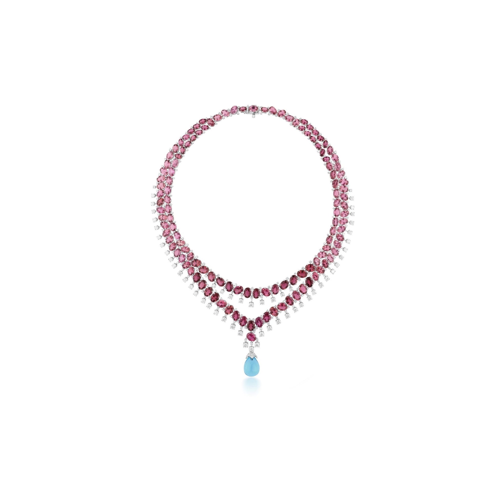 Blue Topaz Pendant Pink Tourmaline Natural Diamond Gold Layered Necklace