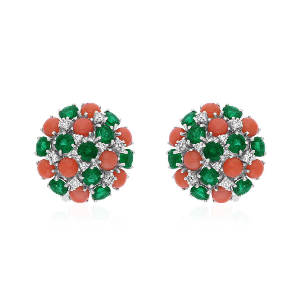 Natural Emerald Coral Diamond Stud Earrings in Fine Gold