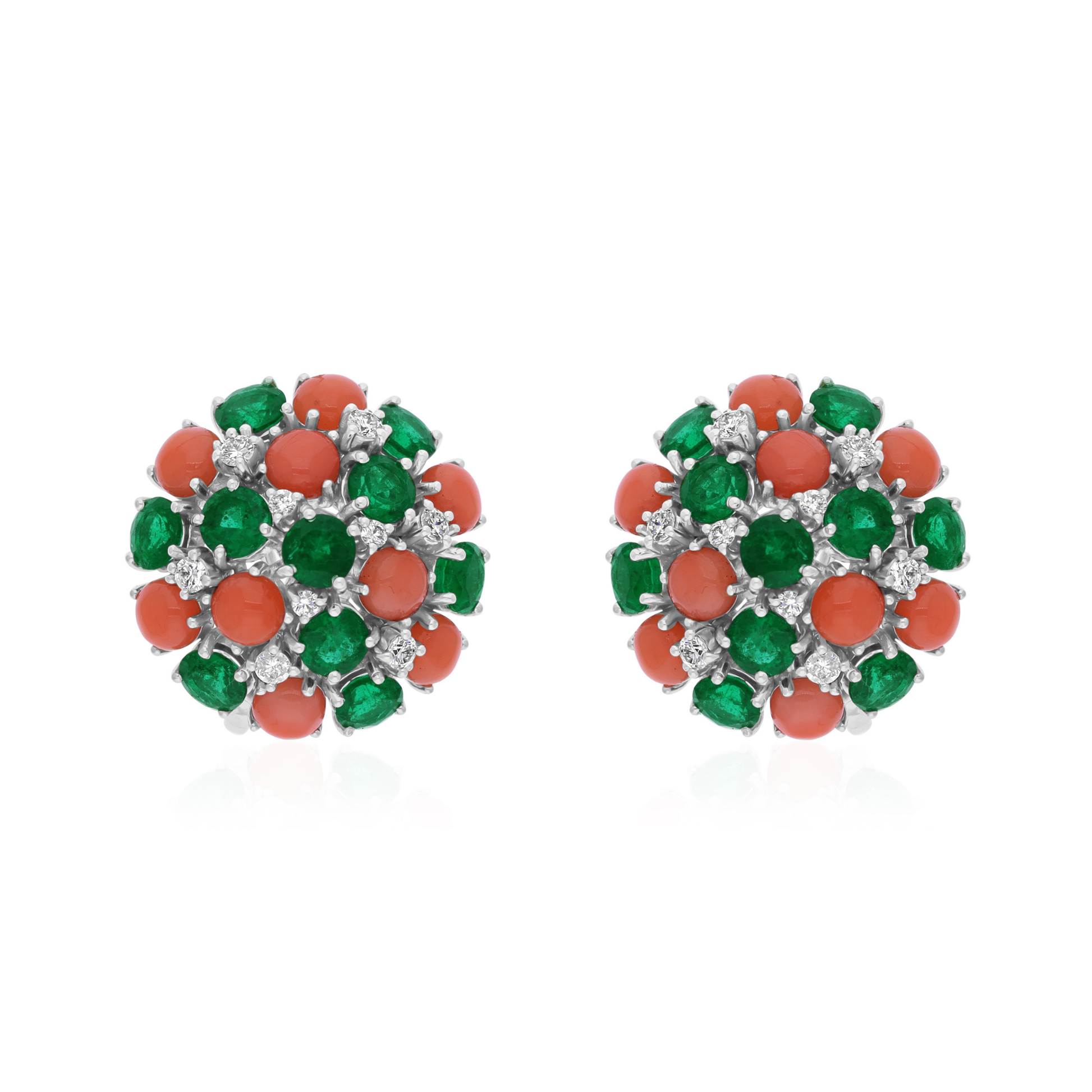 Vintage Inspired 9.70 Tcw Emerald, Coral & Diamond Studs Earrings in Fine Gold