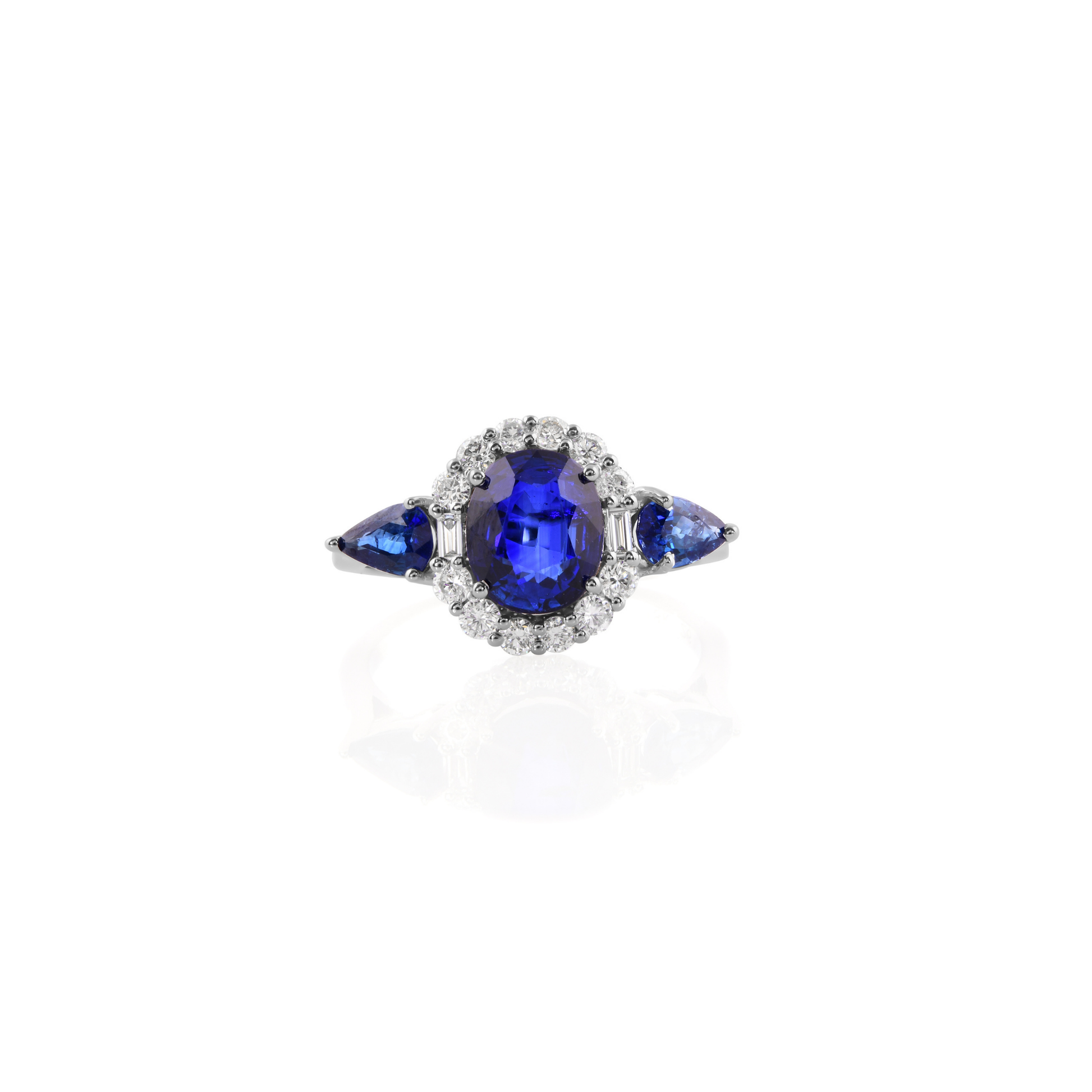 3.23Tcw Baguette Cut Diamond Natural Blue Sapphire Halo Ring in Solid Gold