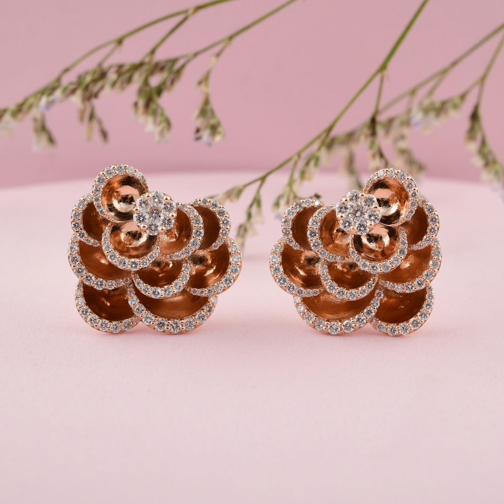 Natural HI/SI Round Pave Diamond 2.10 Carat Layered Flower Gold Earrings