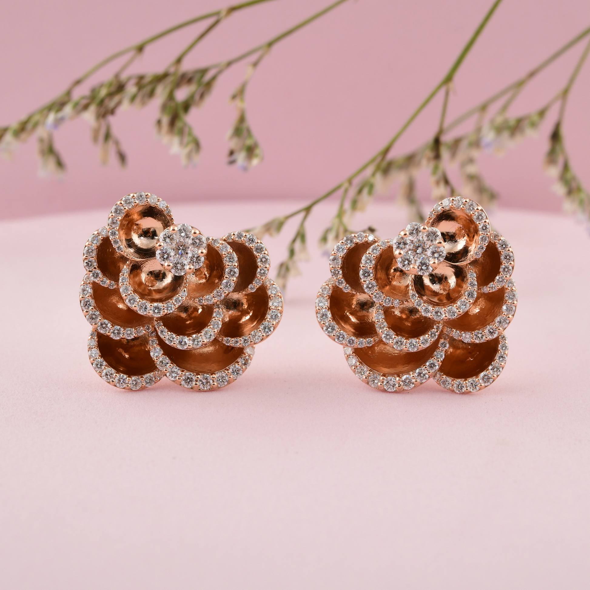 Natural HI/SI Round Pave Diamond 2.10 Carat Layered Flower Gold Earrings
