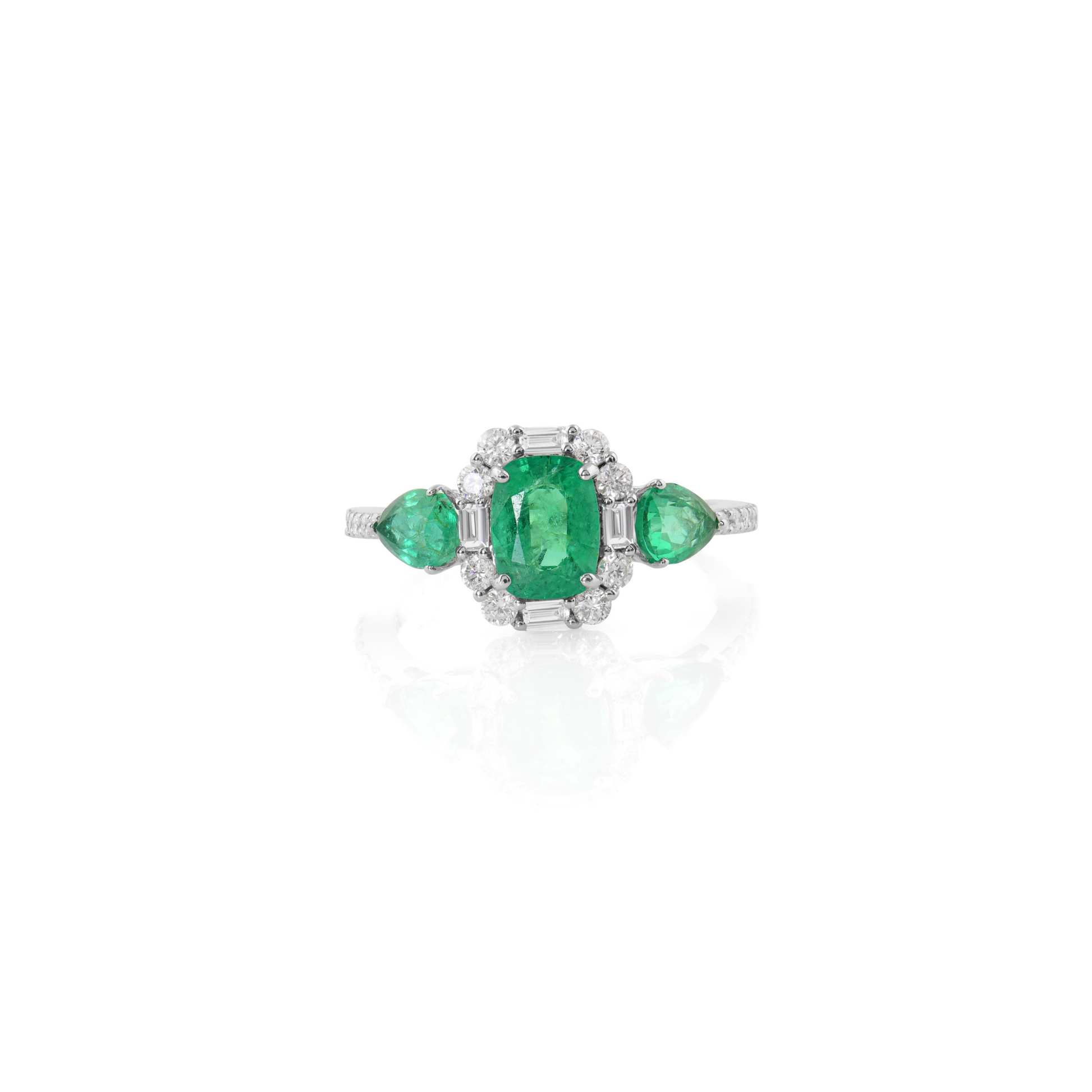 H/SI Baguette & Round Cut Diamond & Emerald Gemstone Halo Ring in Fine Gold