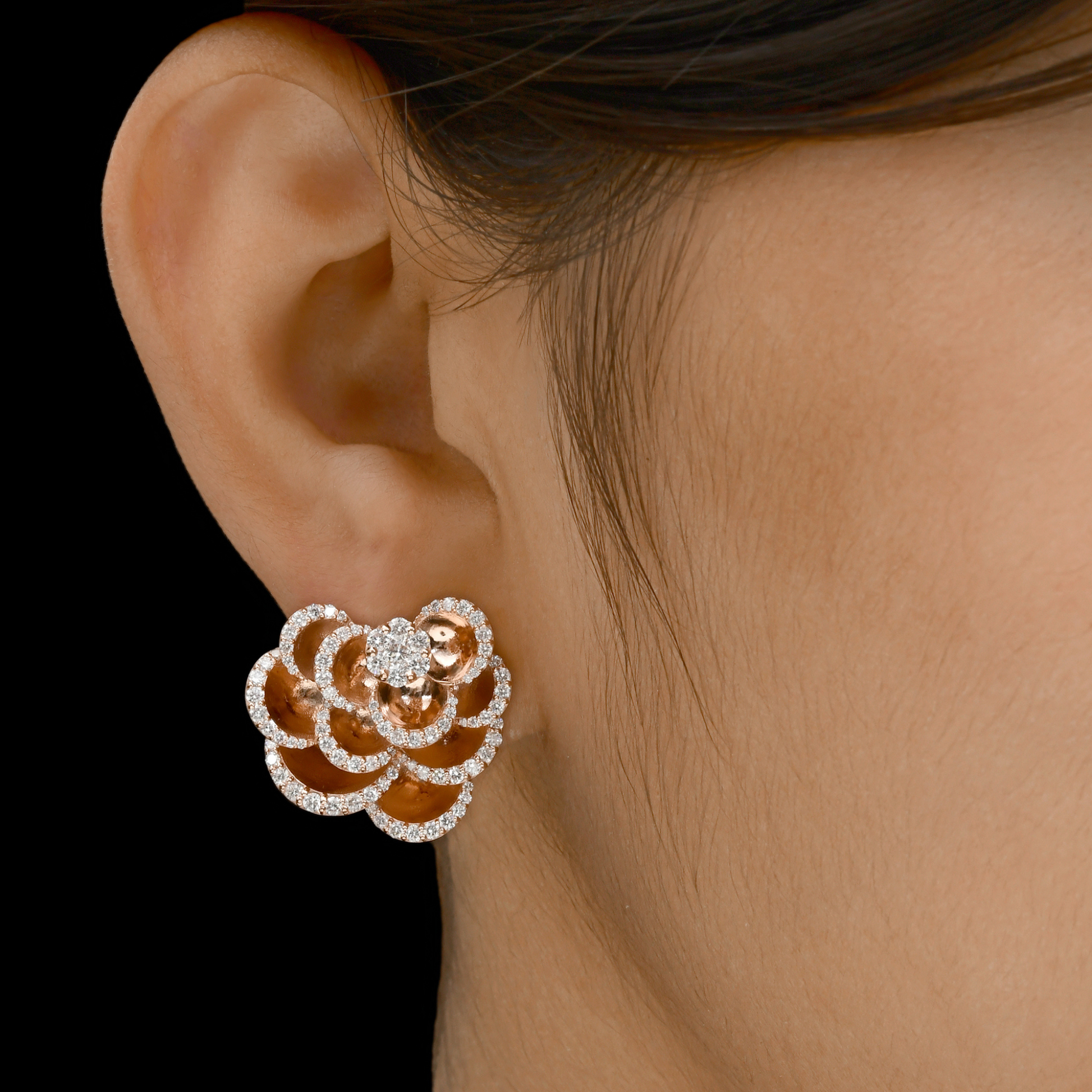 Natural HI/SI Round Pave Diamond 2.10 Carat Layered Flower Gold Earrings