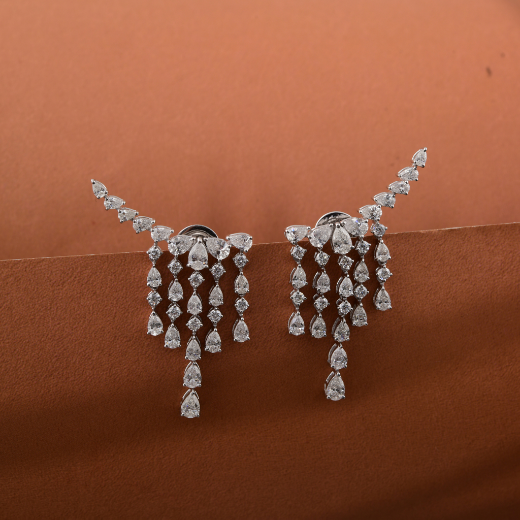 Natural Pear & Round Cut 3.95 Carat Diamond Climber Earrings