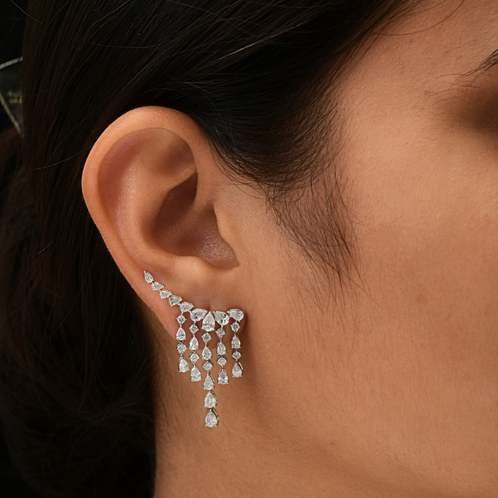 Natural Pear & Round Cut 3.95 Carat Diamond Climber Earrings