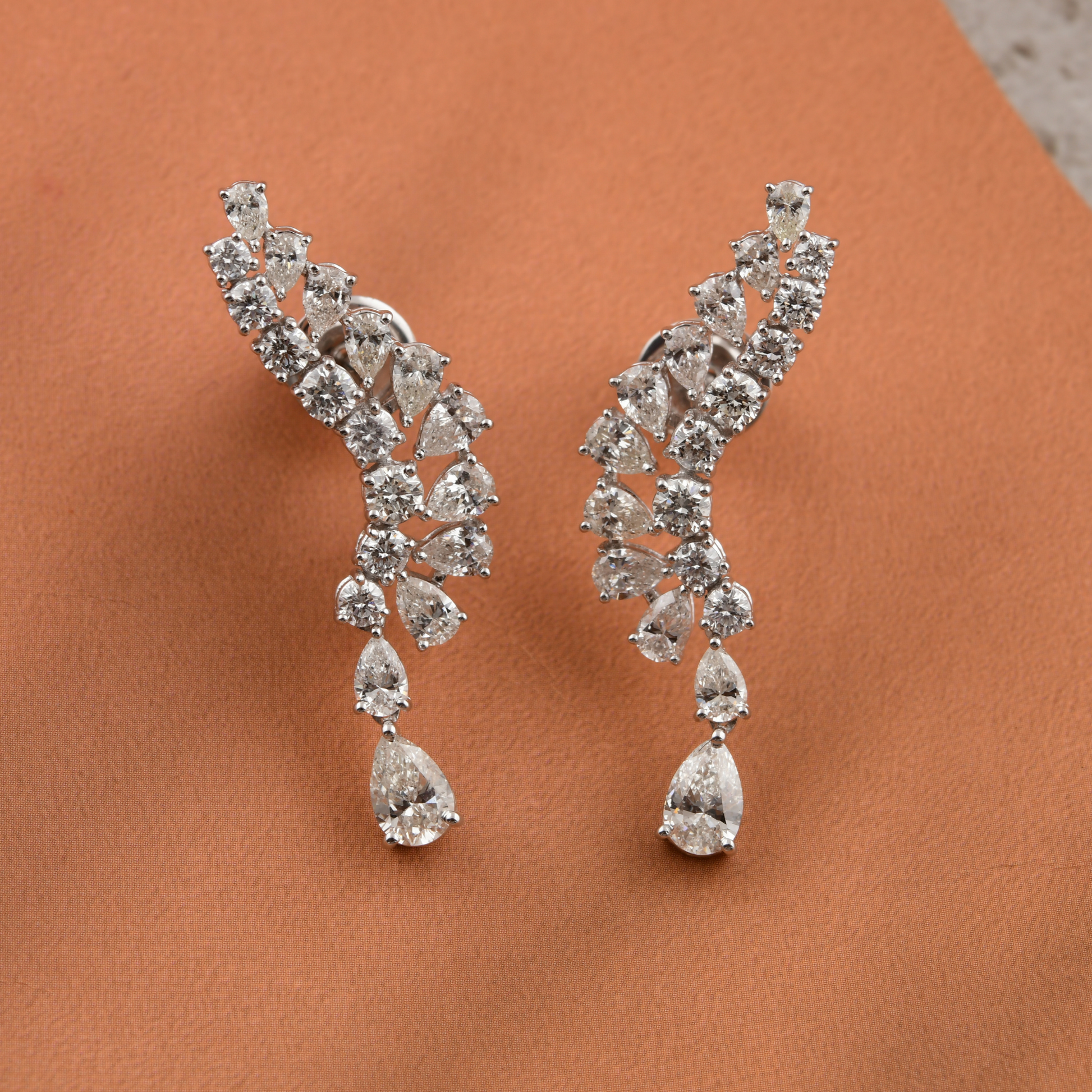 3.49 Carat SI/HI Round and Pear Natural Diamond Climber Solid Gold Earrings