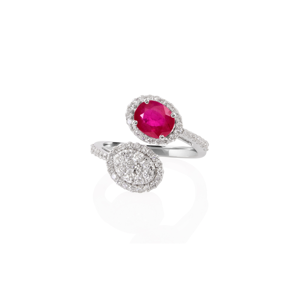 Statement Oval Cut Ruby Gemstone Diamond Cluster Gold Bypass Bridal Ring