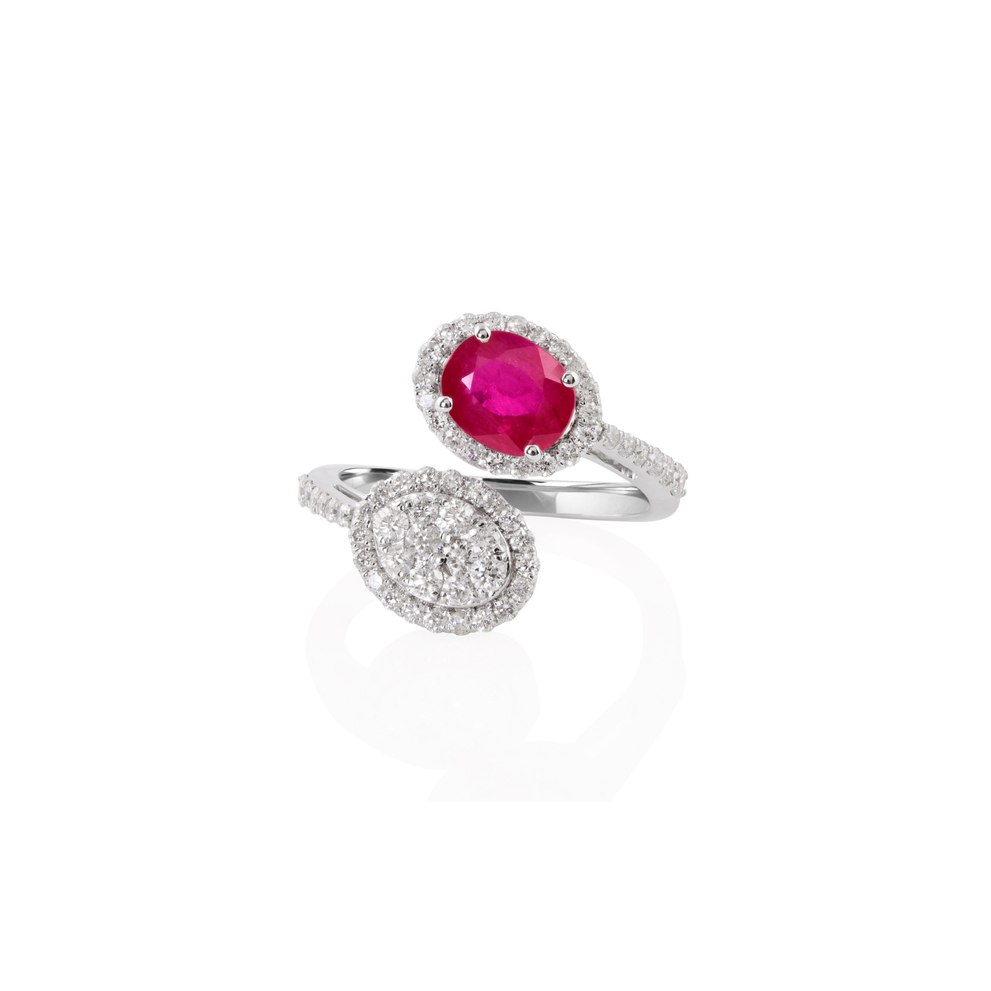 Statement Oval Cut Ruby Gemstone Diamond Cluster Gold Bypass Bridal Ring
