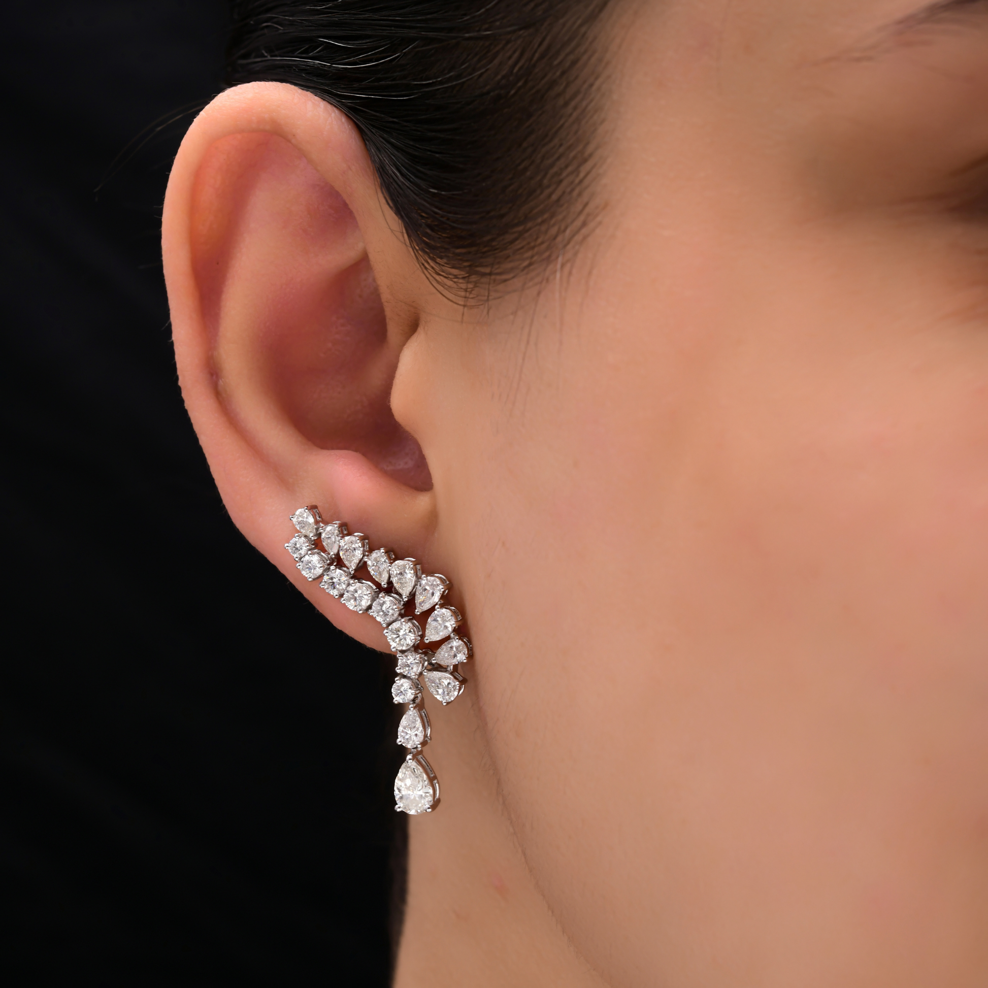 3.49 Carat SI/HI Round and Pear Natural Diamond Climber Solid Gold Earrings