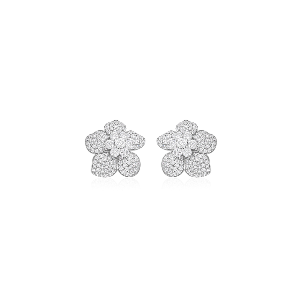 Pave Flower Shaped 1.85Ct Diamond Cluster Stud Graduated Earrings