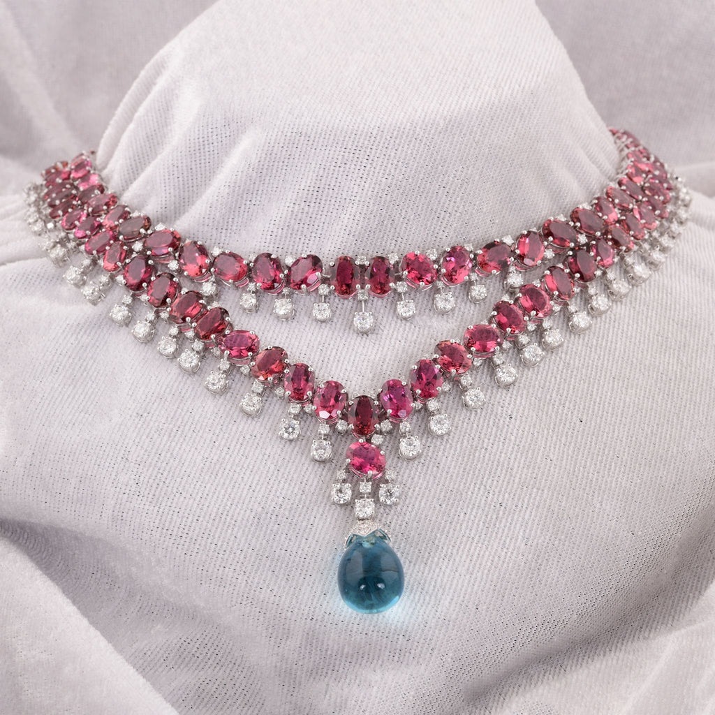 Blue Topaz Pendant Pink Tourmaline Natural Diamond Gold Layered Necklace