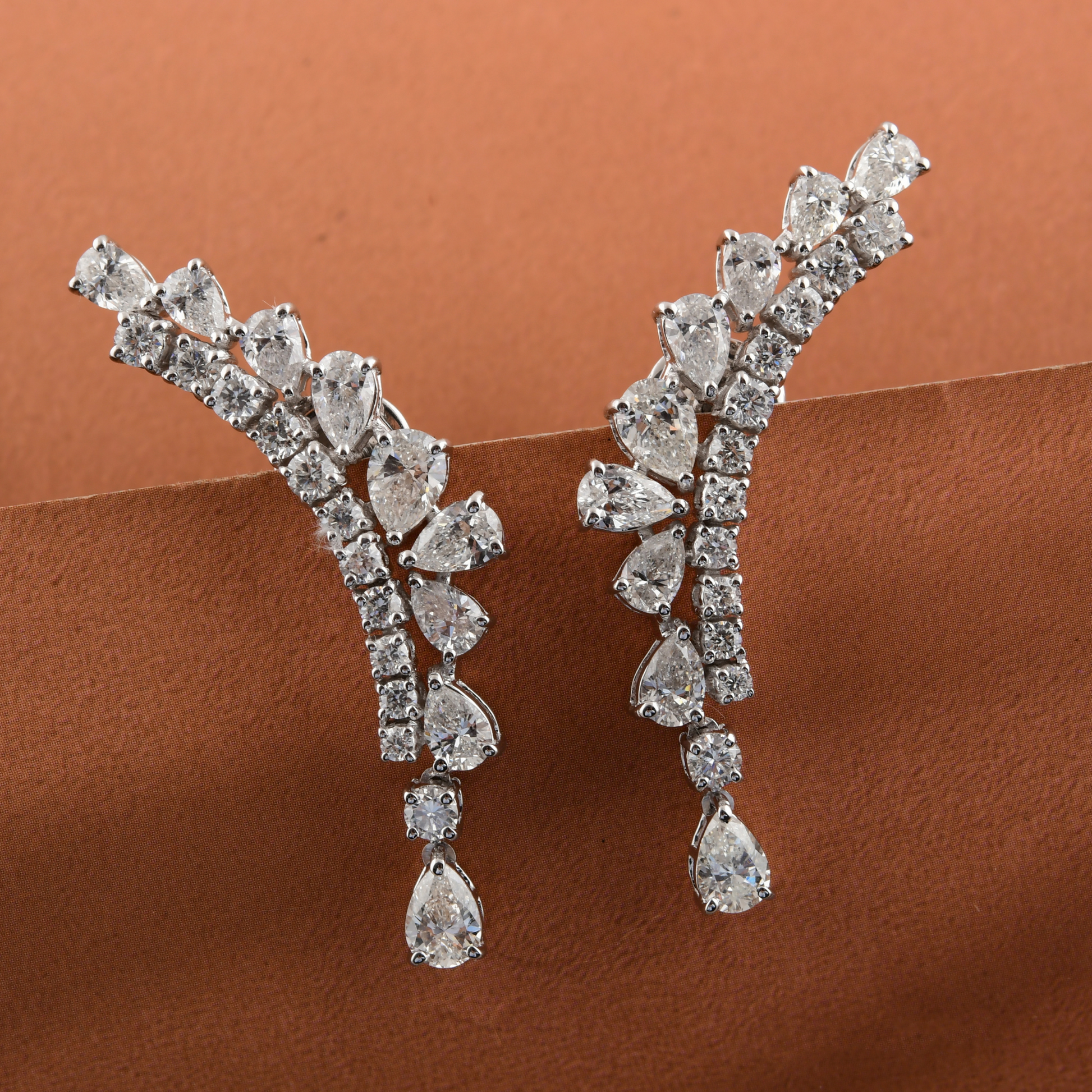 4.47 Carat Pear Natural Diamond Ear Climber Fine Gold Earrings