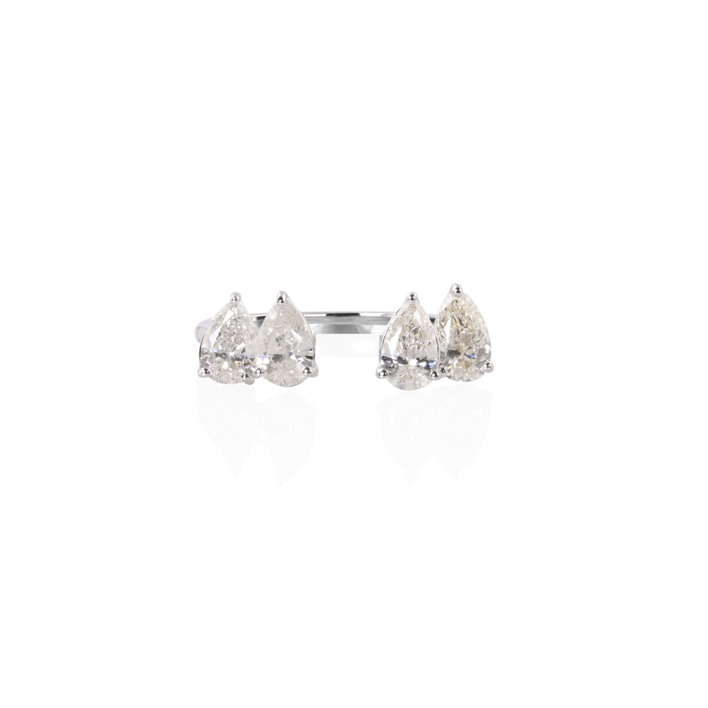 Four Stone Prong Set Pear Cut Diamond Open Cuff Ring