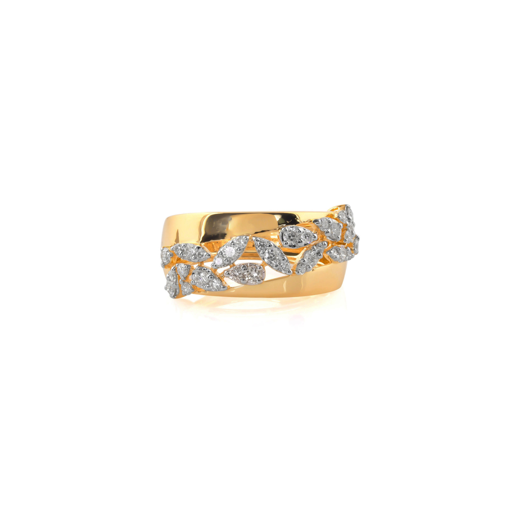 Wide Band Pave Set Natural Round Cut Diamond Statement Leaf Gold Ring
