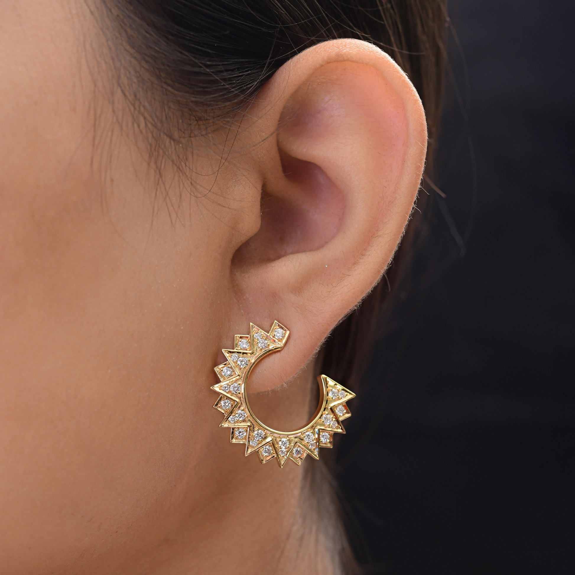 1.13 Carat HI/SI Round Pave Diamond Crescent Moon Hoop Gold Earrings