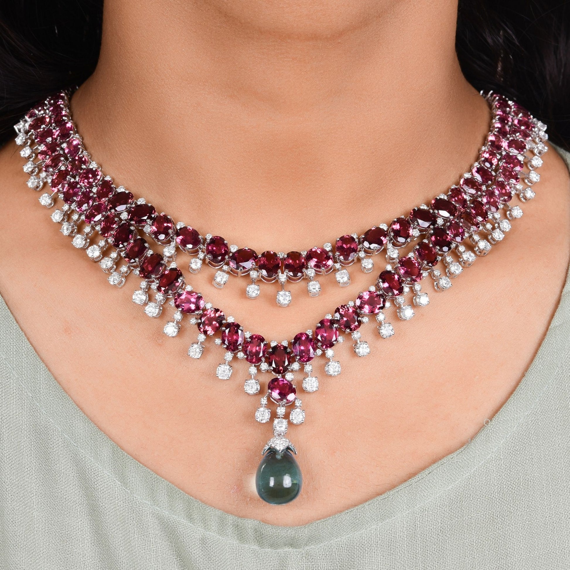 Blue Topaz Pendant Pink Tourmaline Natural Diamond Gold Layered Necklace