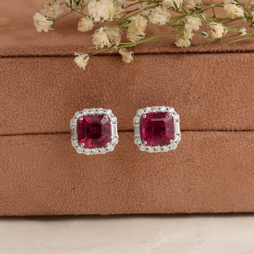 7.58 Tcw Natural HI/SI Diamond Pink Tourmaline Solid Gold Stud Earrings