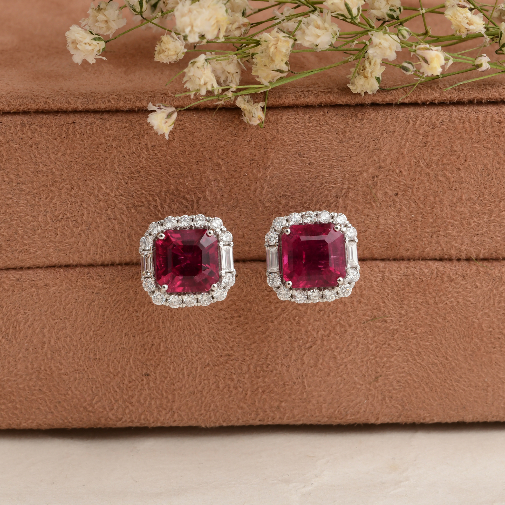 7.58 Tcw Natural HI/SI Diamond Pink Tourmaline Solid Gold Stud Earrings