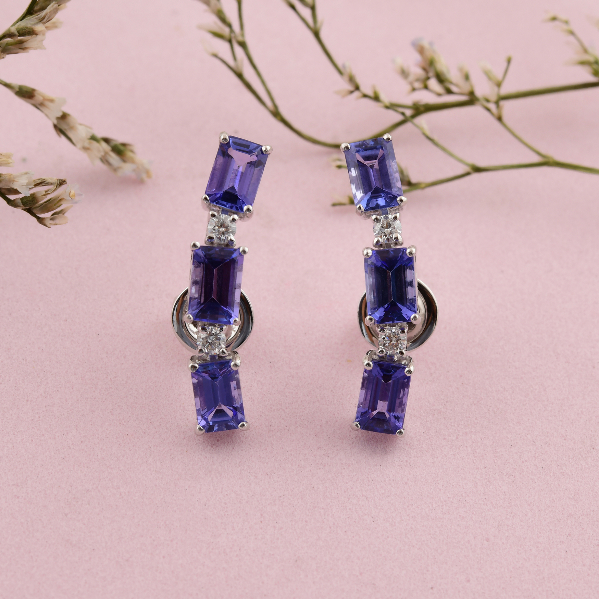 Genuine Tanzanite Diamond Climber Fine Gold Statement Earrings