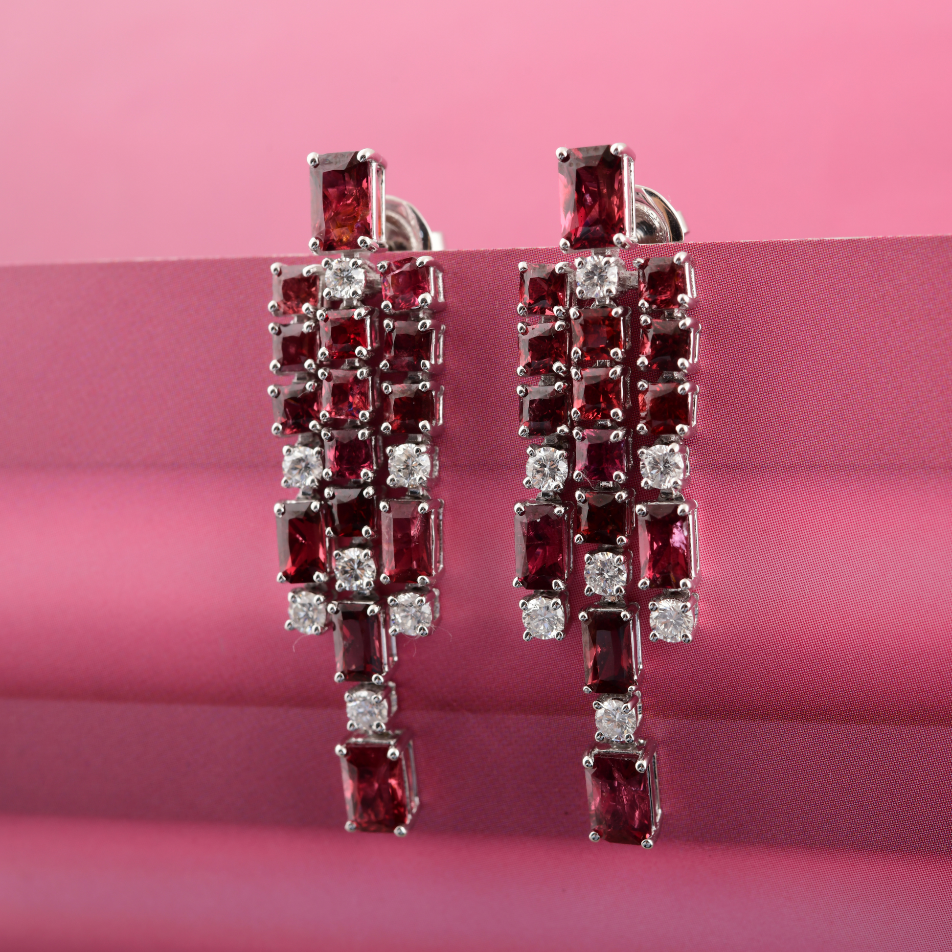 Pink Spinel Gemstone Natural Diamond Gold Dangle Earrings