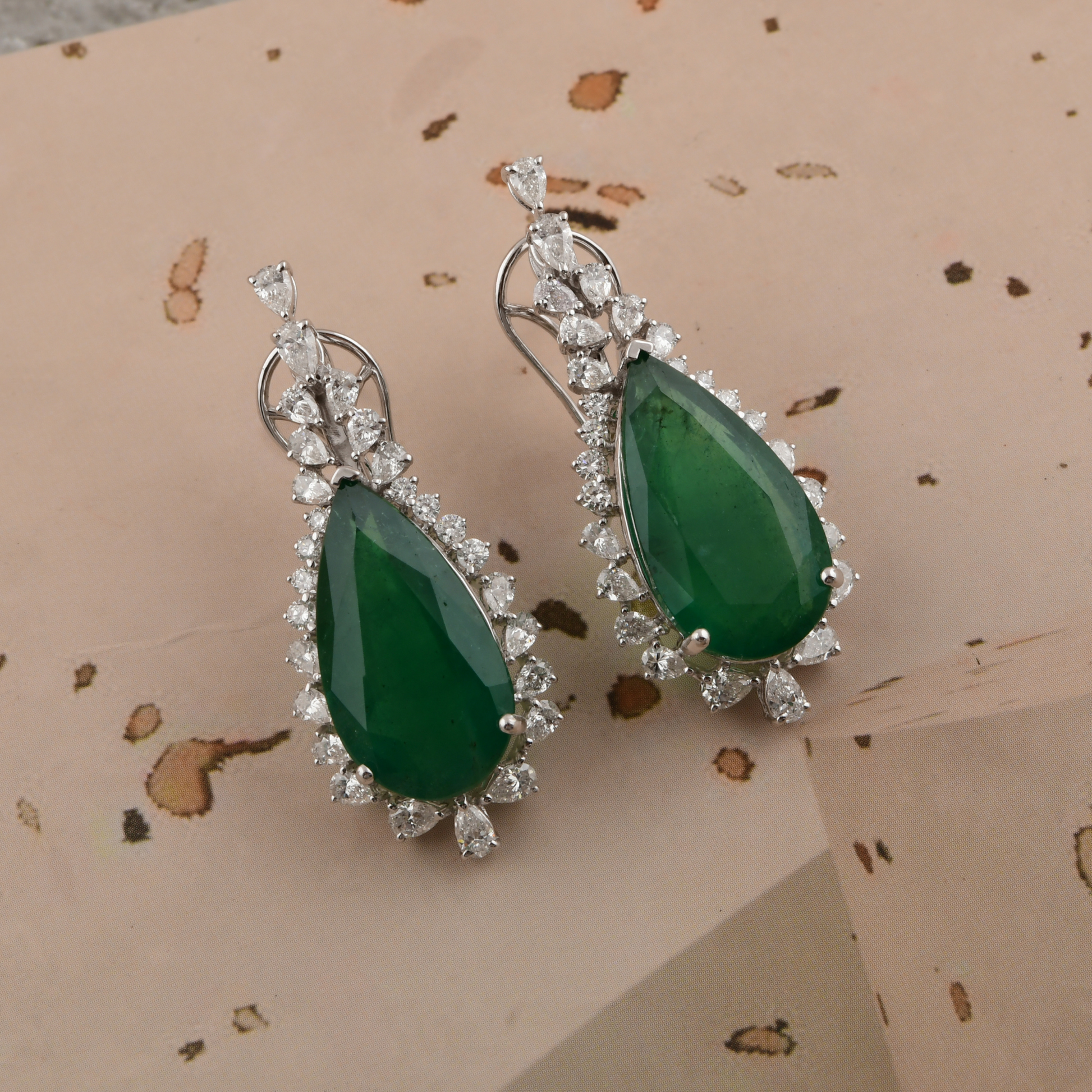 Fine Gold Earrings with Emerald Center & Diamond Surround 21.52 Tcw