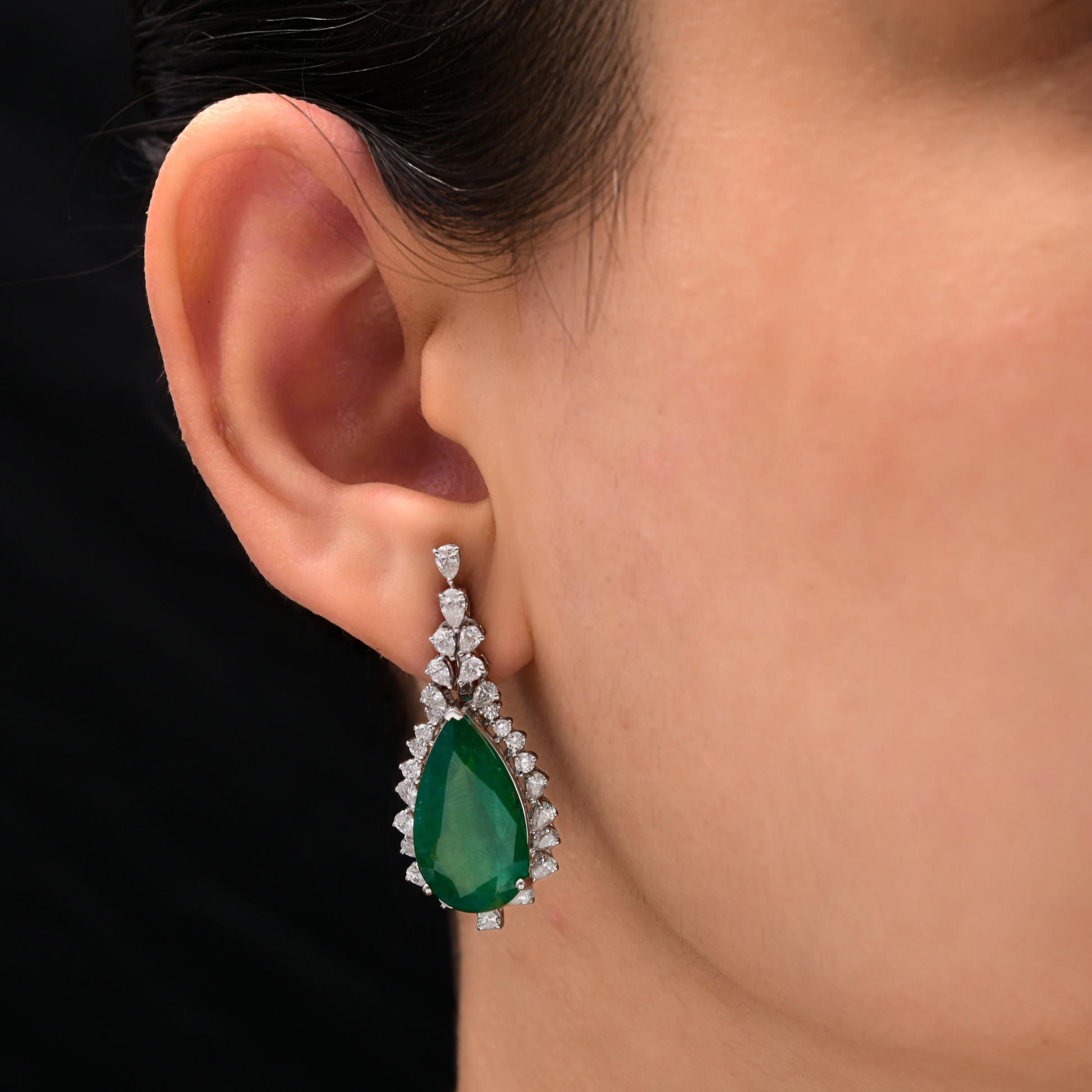 Fine Gold Earrings with Emerald Center & Diamond Surround 21.52 Tcw