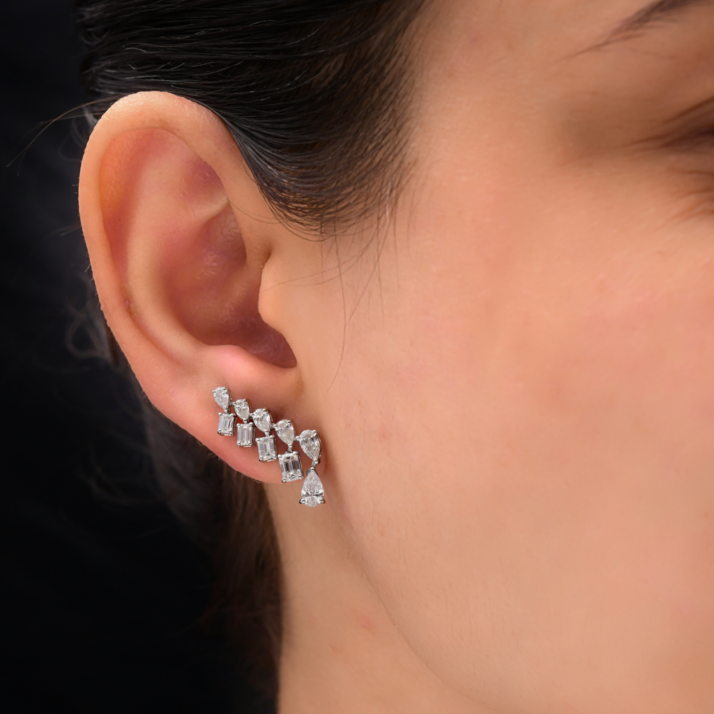 Pear & Baguettes SI Clarity HI Color Diamond Climber Earrings in Solid Gold