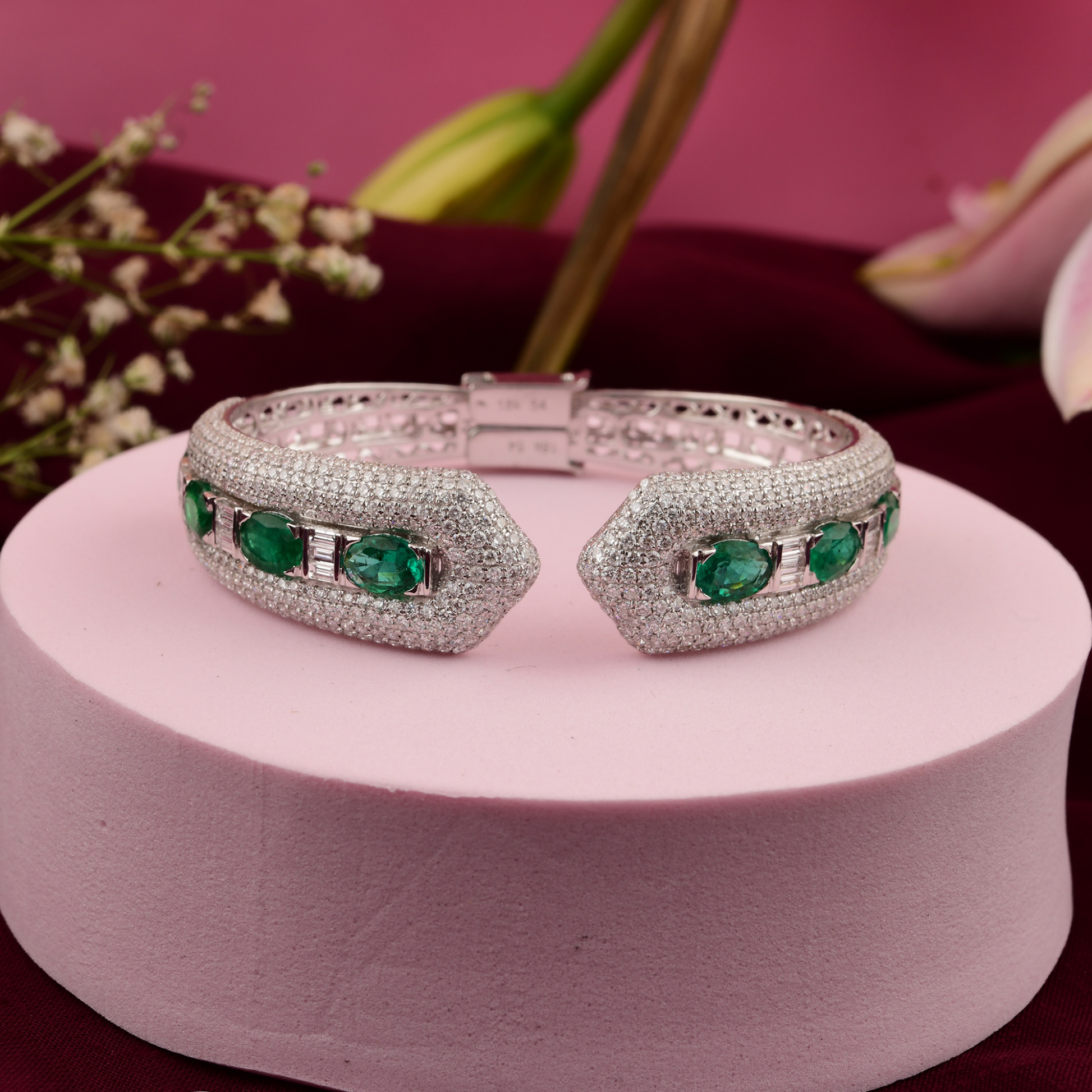 Fine Gold Emerald Gemstone & Natural Pave Diamond Cuff Bracelet 11.97 Tcw