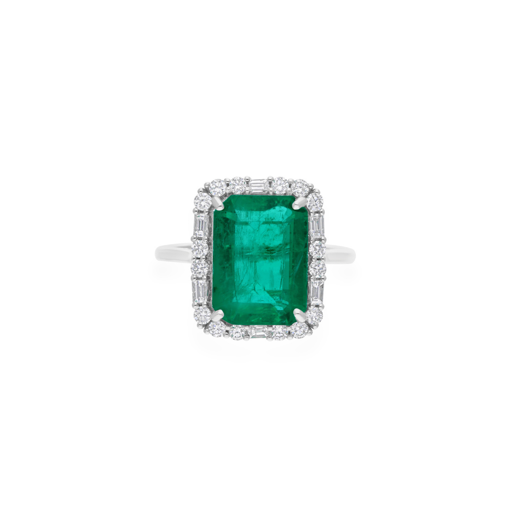5.64 Tcw Octagon Cut Zambian Emerald Natural SI/HI Diamond Cocktail Halo Ring