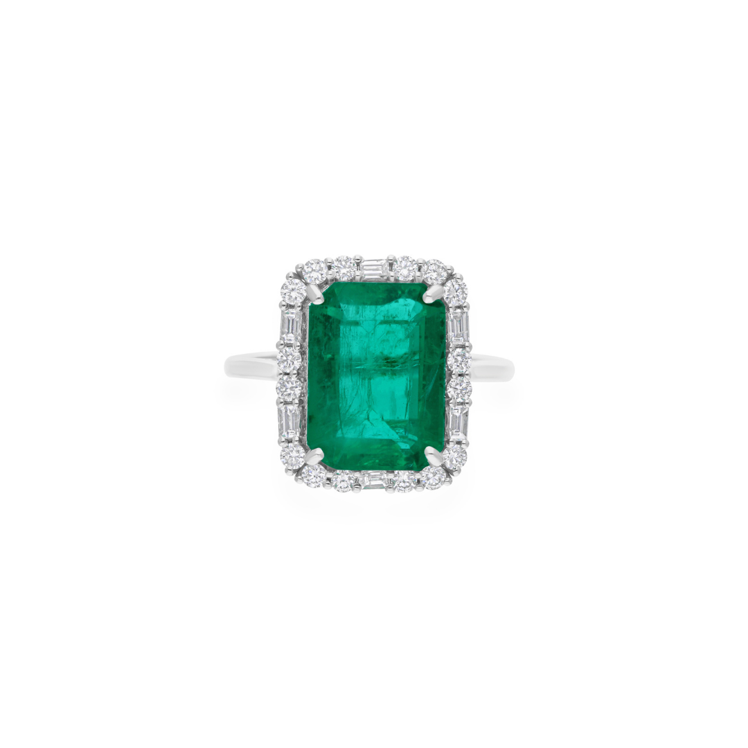 5.64 Tcw Octagon Cut Zambian Emerald Natural SI/HI Diamond Cocktail Halo Ring