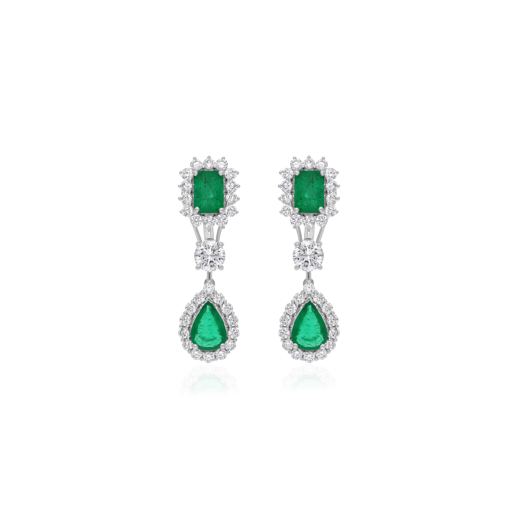 Three Stone 3.05Ct Zambian Emerald Drop Halo Diamond Dangle Drop Earrings