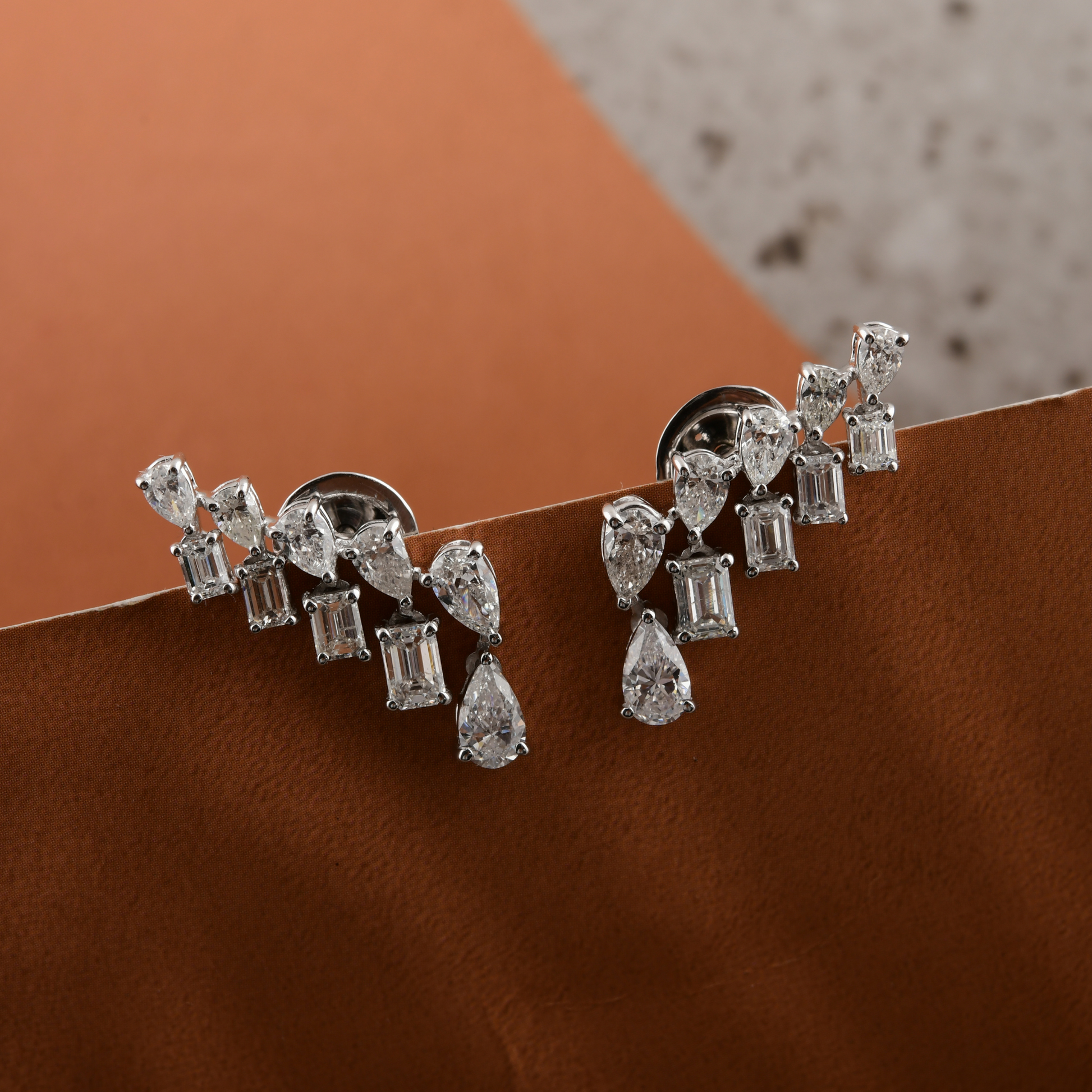 Pear & Baguettes SI Clarity HI Color Diamond Climber Earrings in Solid Gold