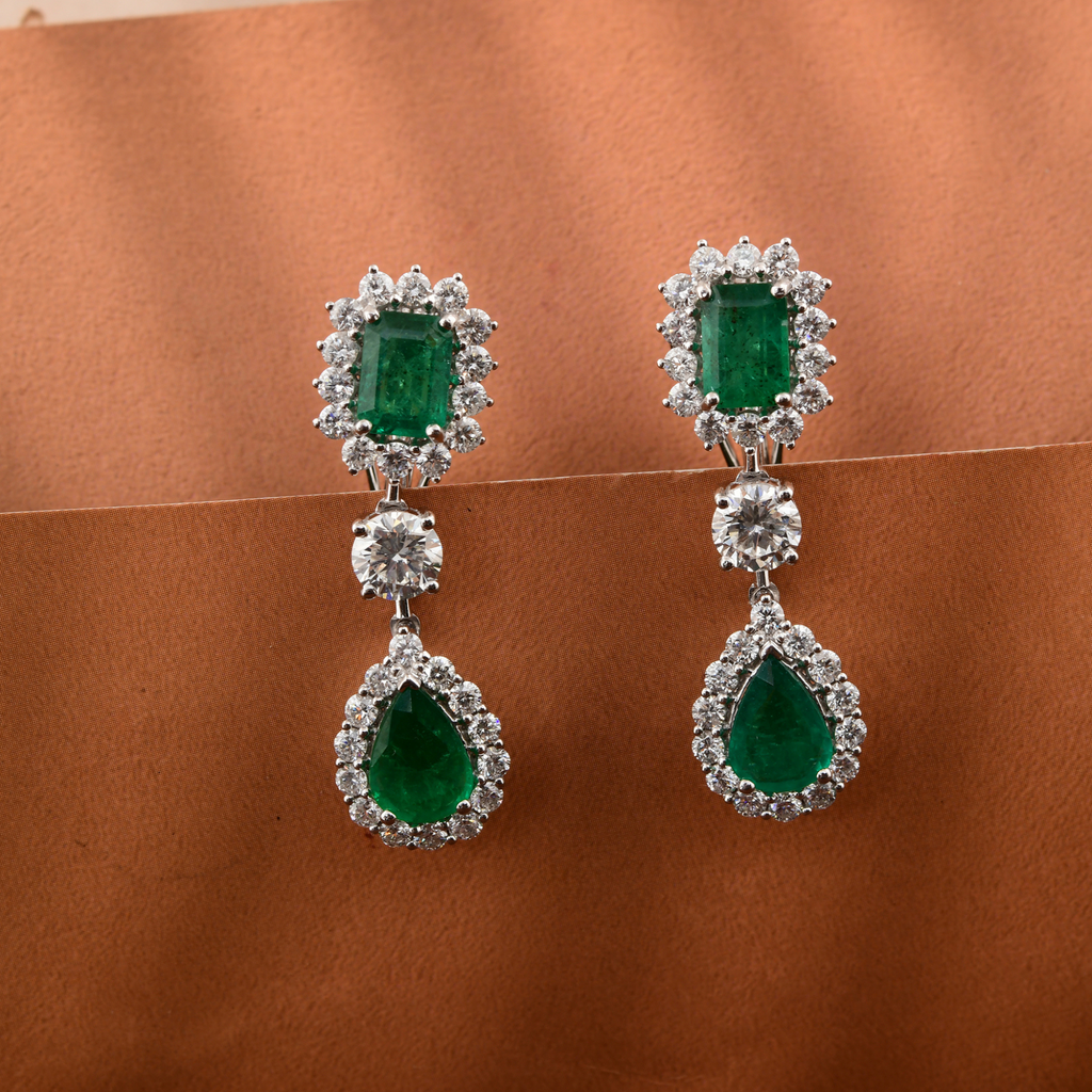 Three Stone 3.05Ct Zambian Emerald Drop Halo Diamond Dangle Drop Earrings