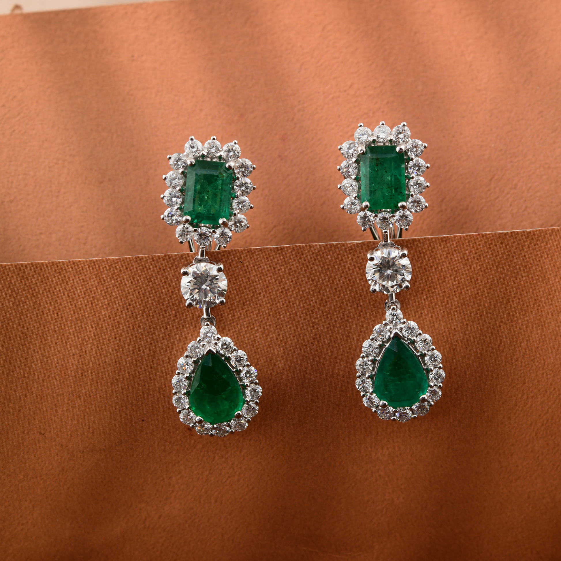 Three Stone 3.05Ct Zambian Emerald Drop Halo Diamond Dangle Drop Earrings