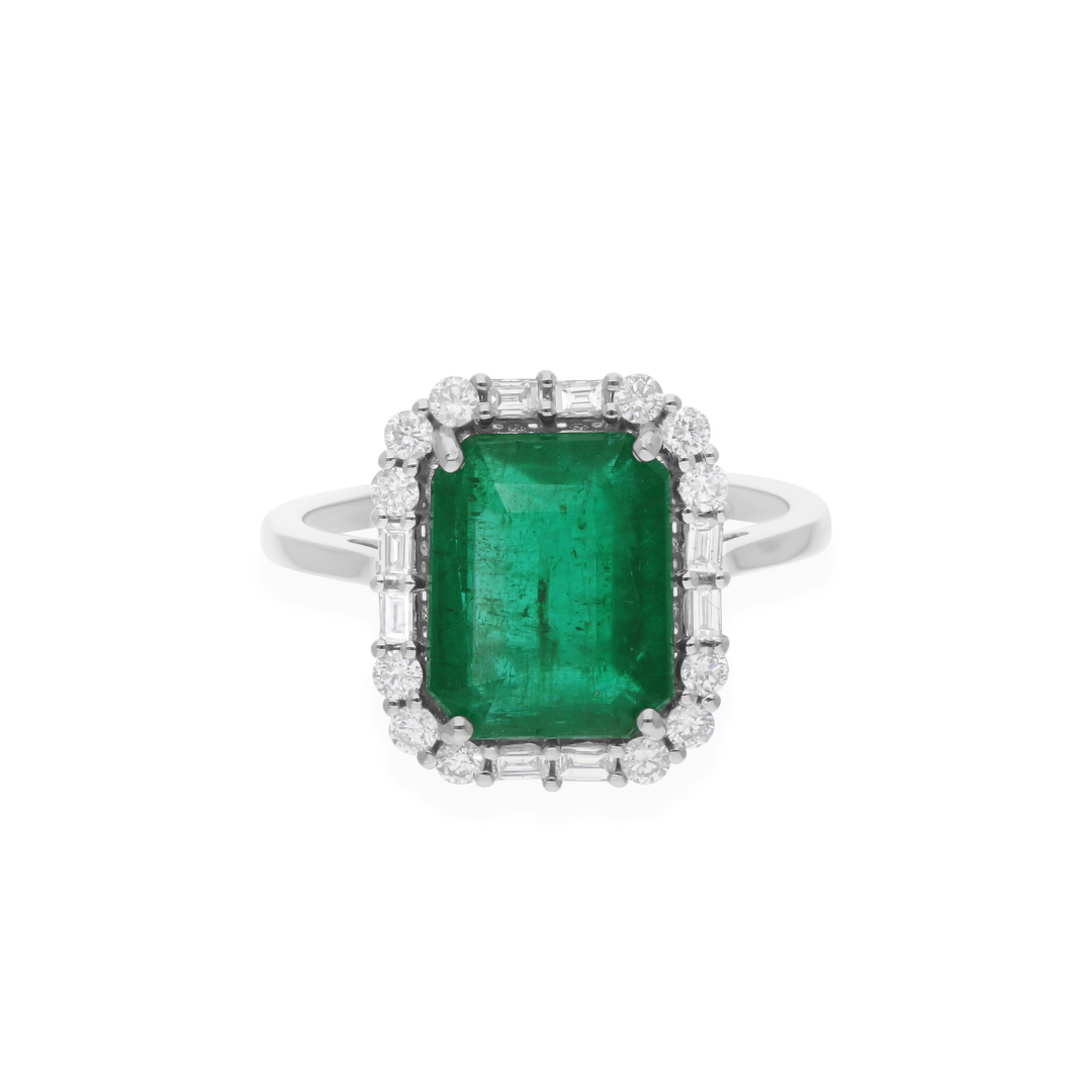 Gold 3.94Tcw Octagon Cut Zambian Emerald H/SI Round Diamond Wedding Halo Ring